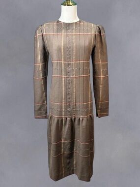 Vintage 1970s Adele Simpson Boho Tweed Brown Drop Waist Dress XS/S